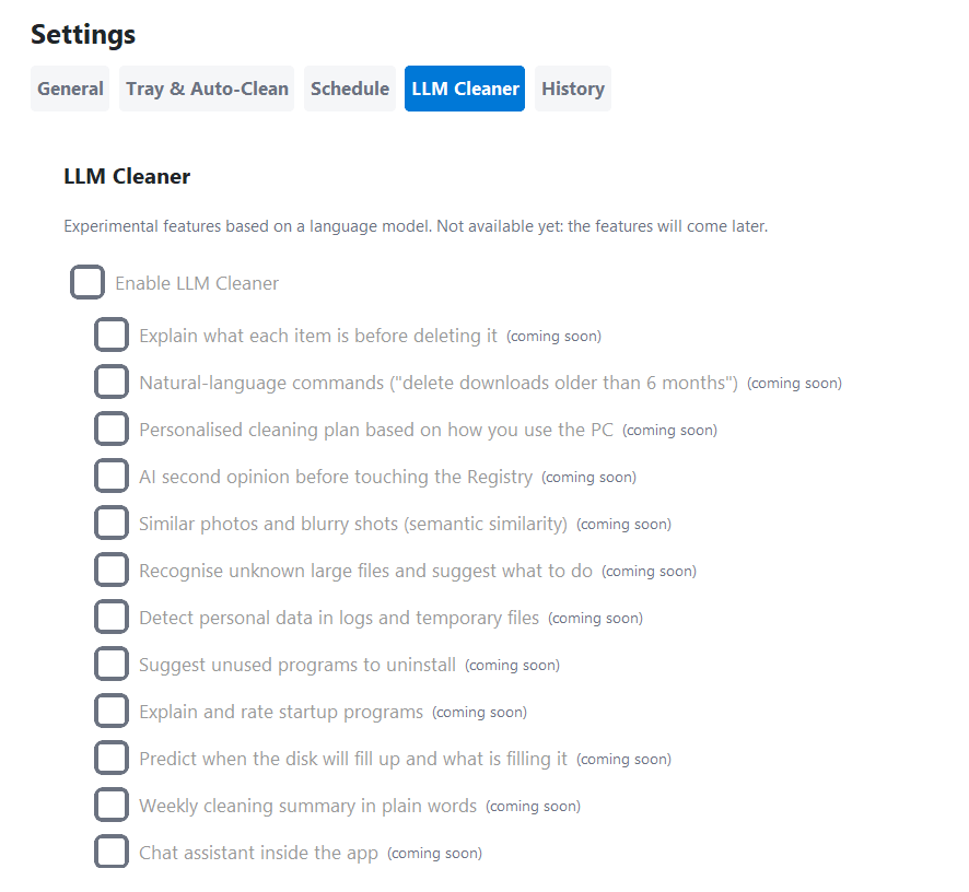 LLM Cleaner settings (coming soon)