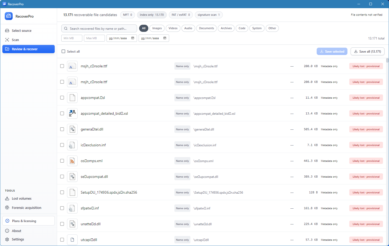 RecoverPro scan at 94 percent reading the directory index, with a disk scan map and results grouped by category