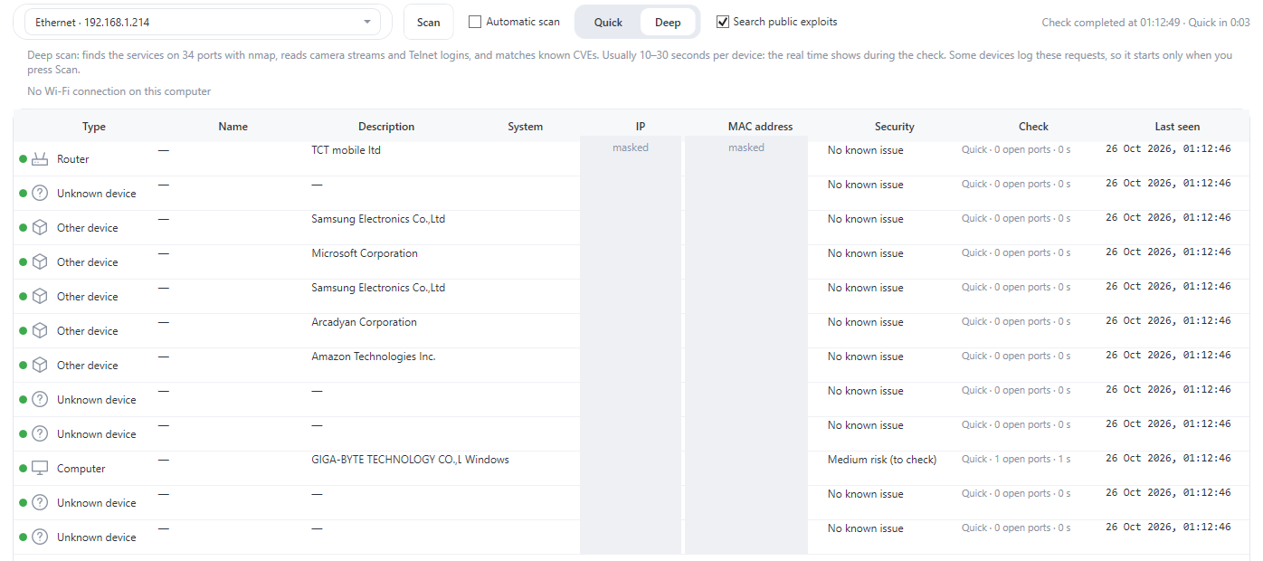 Scanner of the local network on Windows: device type, manufacturer, security check and last time seen for each device