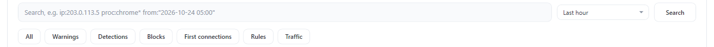 Log archive: search bar with quick filters, and the top countries and programs of the search