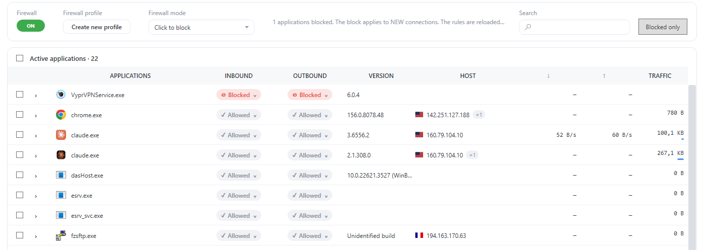 Firewall per application on Windows: inbound and outbound status for each program, with blocked and allowed programs